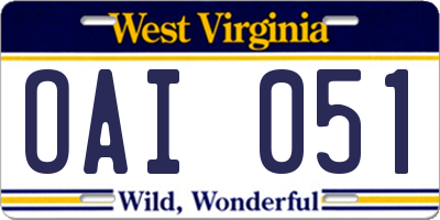 WV license plate OAI051