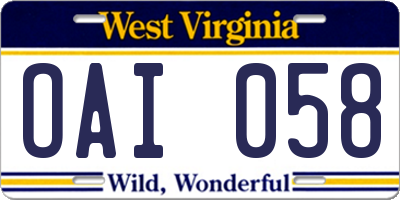WV license plate OAI058