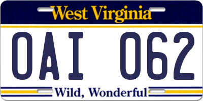 WV license plate OAI062