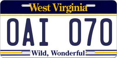 WV license plate OAI070