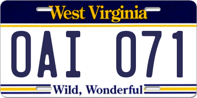 WV license plate OAI071