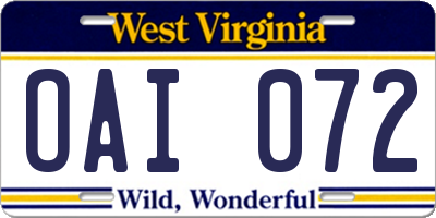 WV license plate OAI072