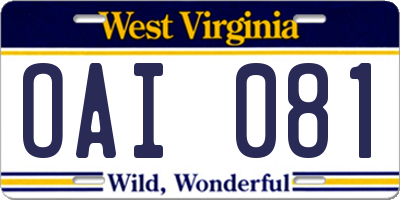 WV license plate OAI081