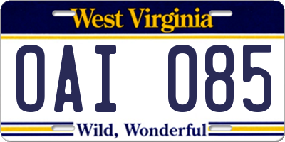 WV license plate OAI085