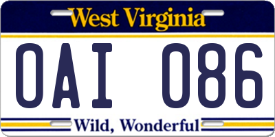 WV license plate OAI086
