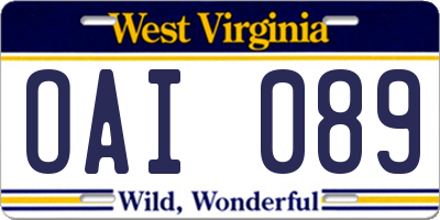 WV license plate OAI089