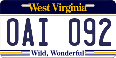 WV license plate OAI092