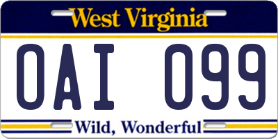 WV license plate OAI099