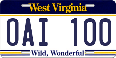 WV license plate OAI100