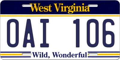 WV license plate OAI106