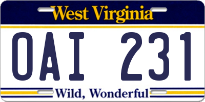 WV license plate OAI231