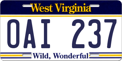 WV license plate OAI237