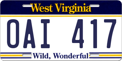 WV license plate OAI417