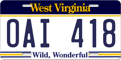WV license plate OAI418