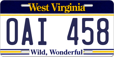 WV license plate OAI458