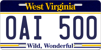 WV license plate OAI500