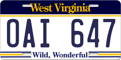 WV license plate OAI647