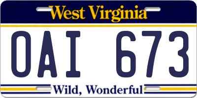 WV license plate OAI673