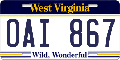 WV license plate OAI867