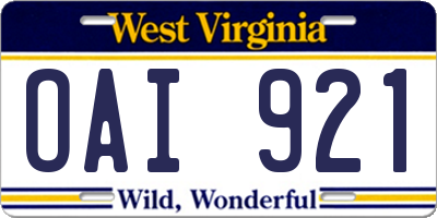 WV license plate OAI921