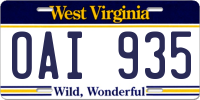 WV license plate OAI935