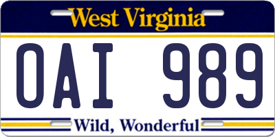WV license plate OAI989