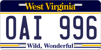 WV license plate OAI996