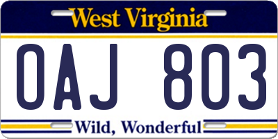 WV license plate OAJ803