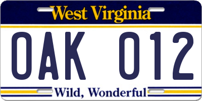 WV license plate OAK012