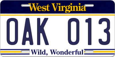 WV license plate OAK013