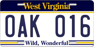 WV license plate OAK016
