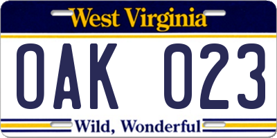 WV license plate OAK023