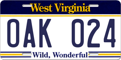 WV license plate OAK024