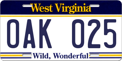 WV license plate OAK025