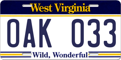WV license plate OAK033