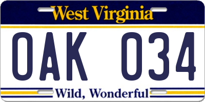 WV license plate OAK034