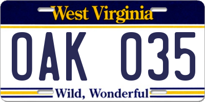 WV license plate OAK035