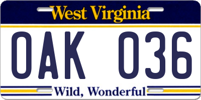 WV license plate OAK036