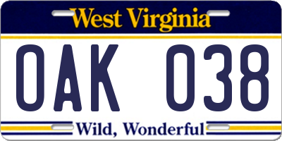 WV license plate OAK038