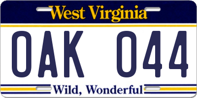WV license plate OAK044