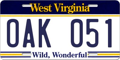 WV license plate OAK051