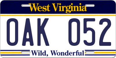 WV license plate OAK052