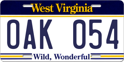 WV license plate OAK054