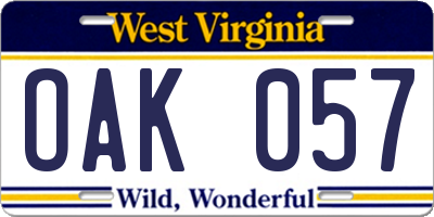 WV license plate OAK057