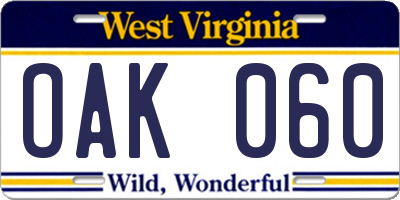 WV license plate OAK060