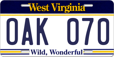 WV license plate OAK070