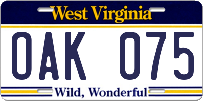 WV license plate OAK075