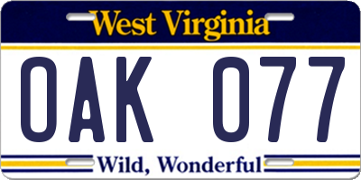 WV license plate OAK077