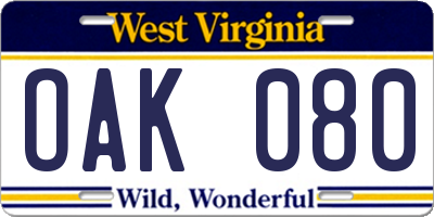WV license plate OAK080