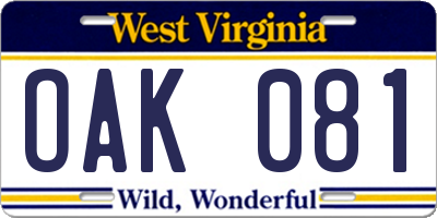 WV license plate OAK081